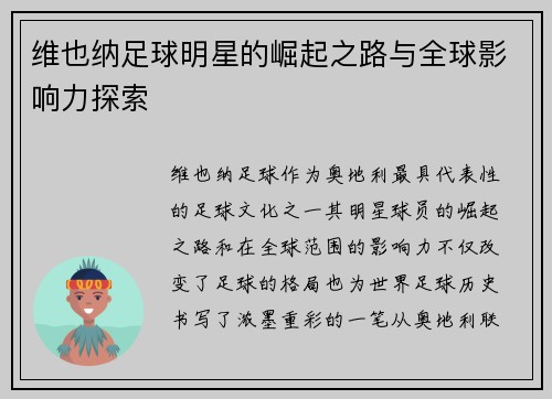 维也纳足球明星的崛起之路与全球影响力探索